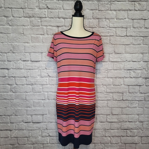 Michael Michael Kors Dress Pink Blue Orange Striped Shift Short Sleeve Size M - Picture 2 of 6